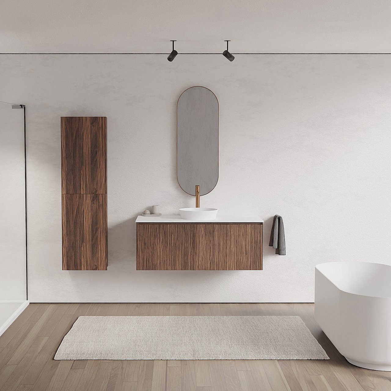 Balmani Fila zwevend badmeubel 120 x 55 cm notenhout met Stretto enkel of dubbel wastafelblad in solid surface mat wit, Verticale symmetrische rechte ribbel