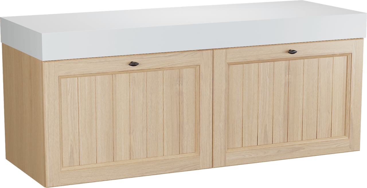 Balmani Lemon zwevend badkamermeubel 150 x 55 cm, fineer natuur eik met Dominus enkel of dubbel tablet in mat wit