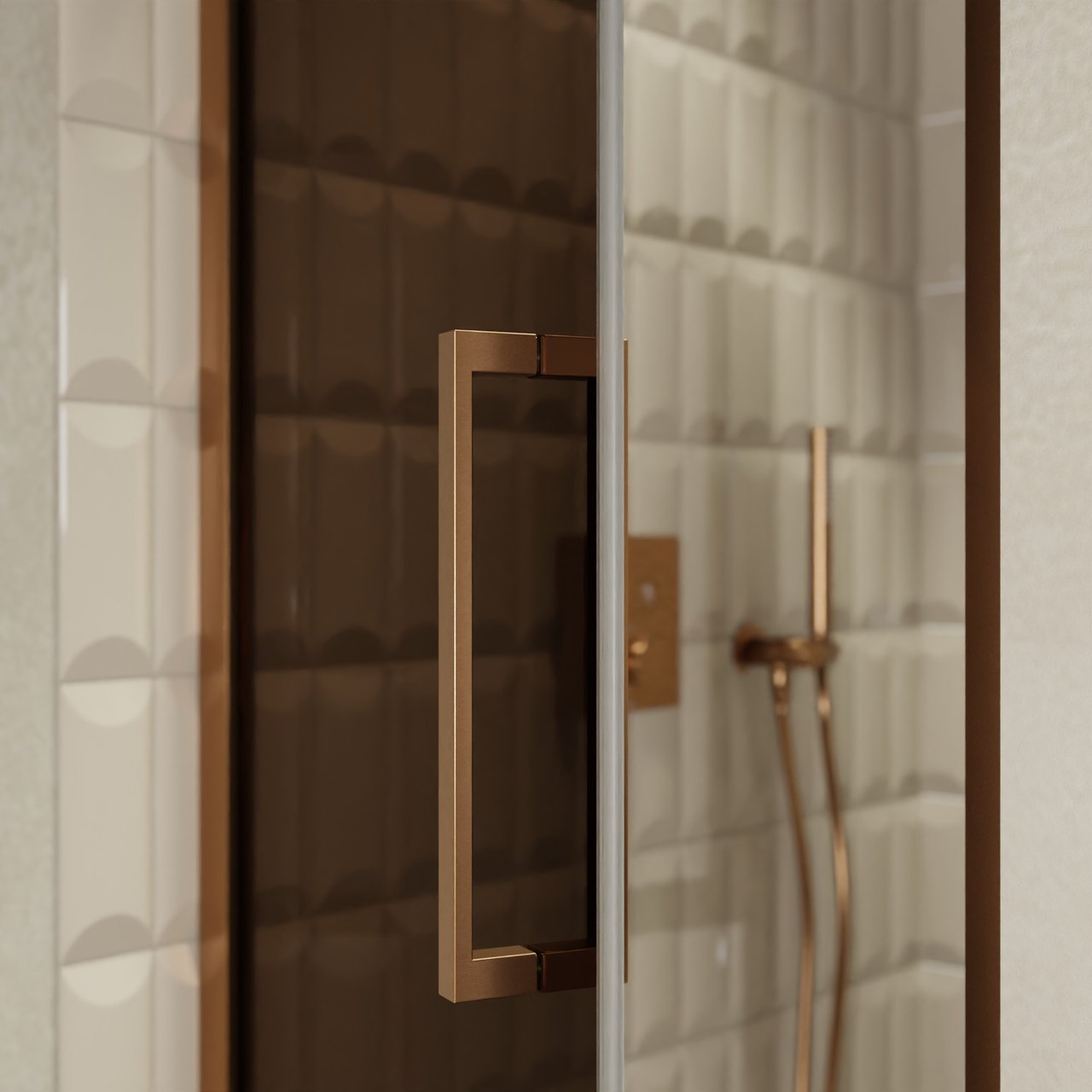 Balmani Senses Design porte pivotante à gauche 90 cm x 210 cm verre Bronze, Profil Brushed Rosegold, coating inclus