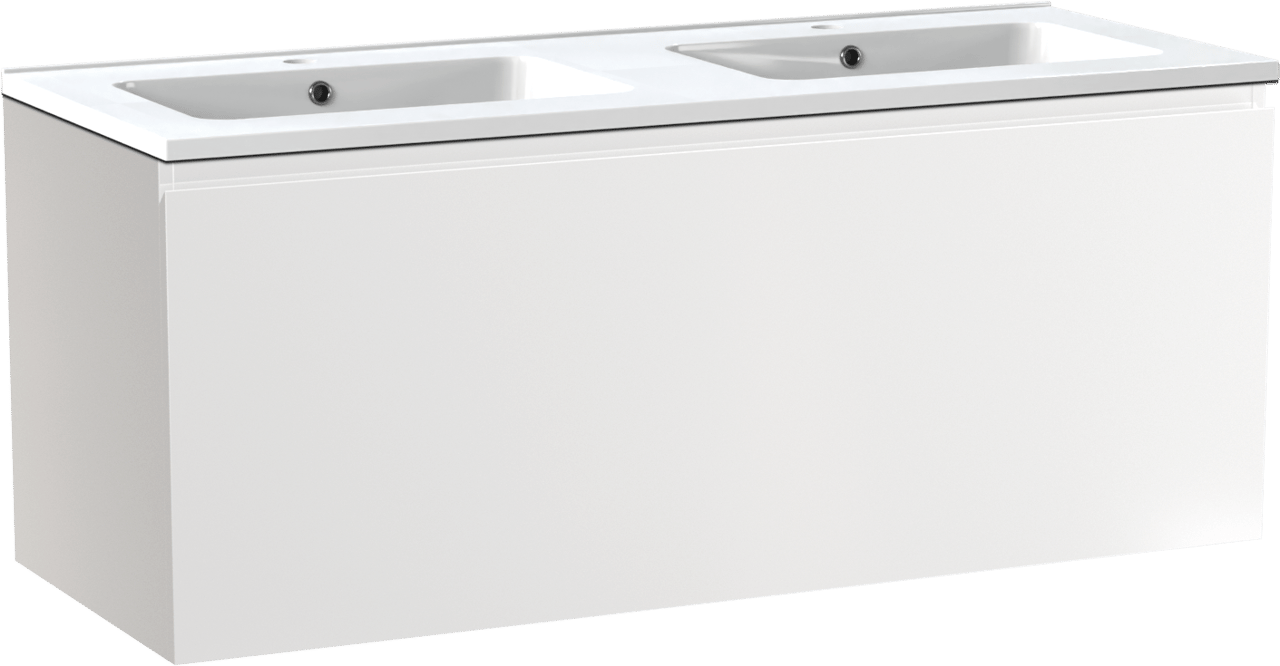 Linie Lado meuble salle de bains suspendu 120 x 46 cm blanc brillant avec Vano double vasque en marbre composite blanc brillant