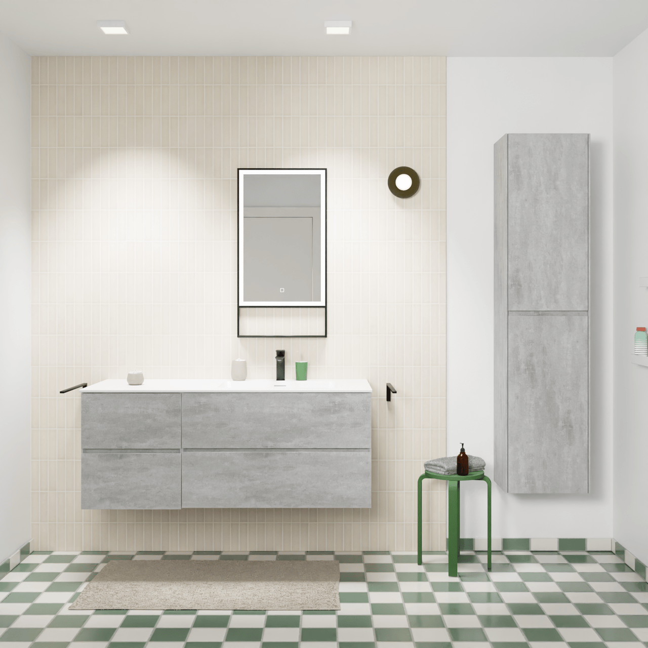 Storke Edge meuble salle de bains suspendu 130 x 52 cm béton gris foncé avec Mata plan vasque asymétrique à droite en solid surface blanc mat