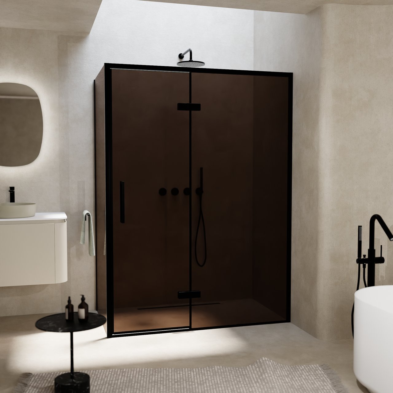 Balmani Senses Design douche en coin avec porte pivotante à droite et paroi latérale fixe, 140 x 80 cm, Bronze, Profil noir, coating inclus, coating inclus