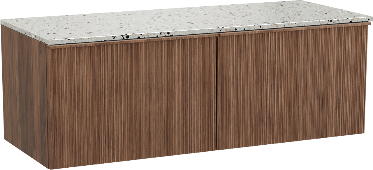 Balmani Forma meuble salle de bains suspendu 135 x 55 cm noyer américain avec Stretto tablette simple ou double en blanc/noir mat terrazzo, Nervure circulaire asymétrique verticale