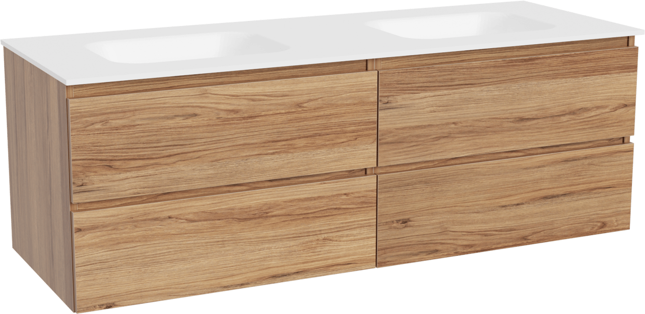 Balmani Lucida hängendes Möbelstück Set: 150 x 55 cm, Teak, mit Tablo Arcato Doppelwaschtisch, Solid Surface Weiß matt