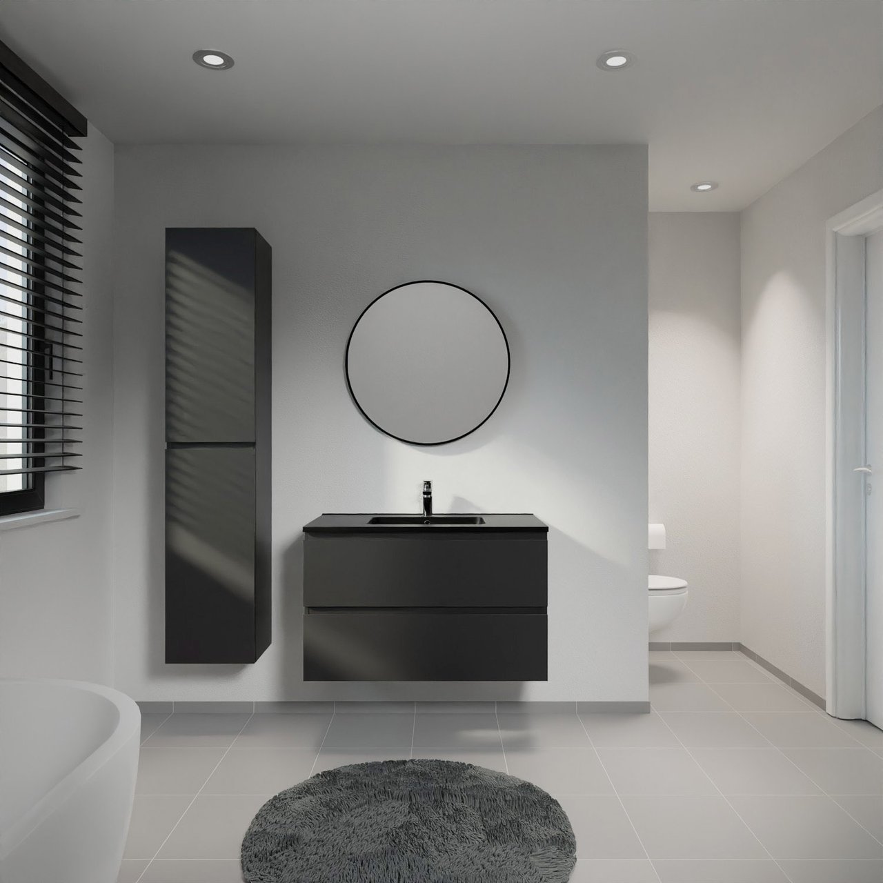 Linie Lado hängendes Möbelstück Set: 90 x 46 cm, Schwarz matt, mit Vano Einzelwaschtisch, Marmorkomposit Schwarz matt