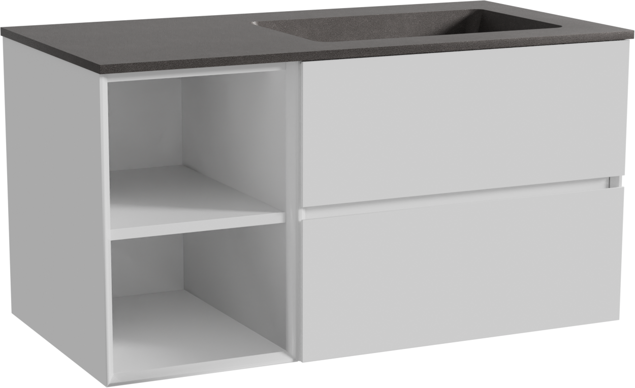 Storke Edge zwevend badmeubel 100 x 52 cm hoogglans wit met Scuro asymmetrisch rechtse wastafel in kwarts mat zwart