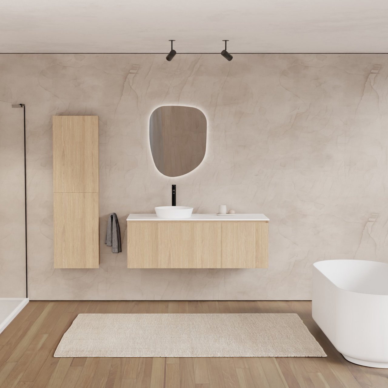 Balmani Fila hängendes Möbelstück Set: 135 x 55 cm, Naturbelassene Eiche, mit Stretto Einzel- oder Doppel Waschtischplatte, Solid Surface, Weiß matt, Vertikale symmetrische gerade Rippe