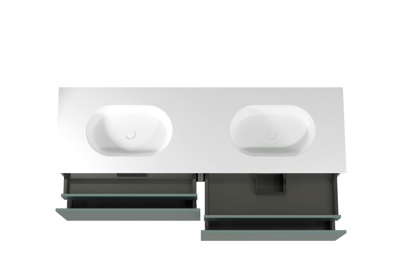 Balmani Sfera hängendes Möbelstück Set: 180 x 55 cm, Forest, mit Tablo Oval Doppelwaschtisch, Solid Surface Weiß matt