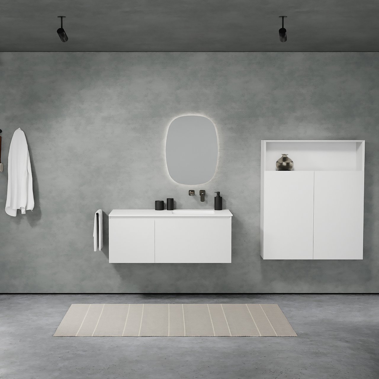 Balmani Idra meuble salle de bains suspendu 120 x 55 cm blanc mat avec Tablo Arcato plan vasque asymétrique à droite en solid surface blanc mat