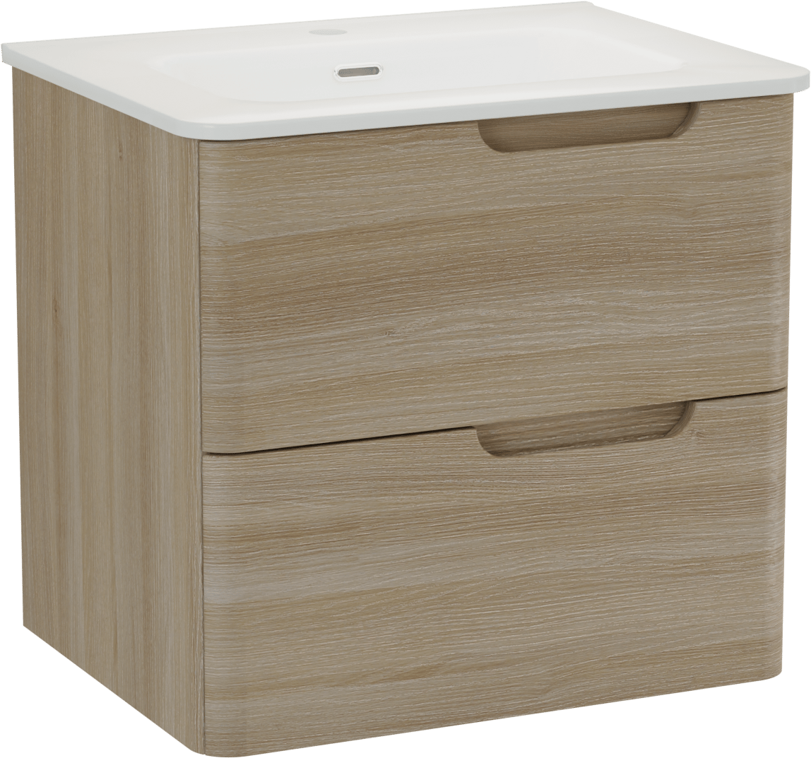 Linie Curvo zwevend badkamermeubel 60 x 46 cm lichte eik met Baro Curvo enkele wastafel in porcelein glanzend wit