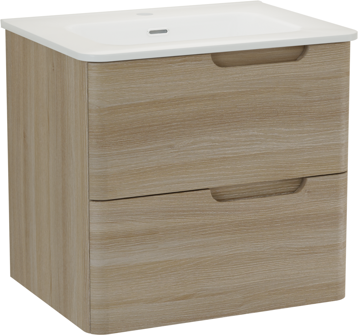 Linie Curvo meuble salle de bains suspendu 60 x 46 cm chêne clair avec Baro Curvo plan simple en porcelaine blanc brillant