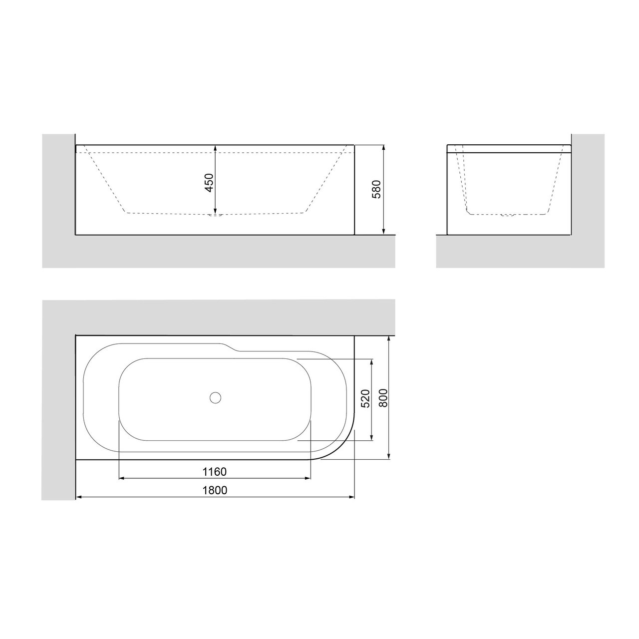 Linie Pietro baignoire d'angle gauche duo 180 x 80 cm acrylique blanc brillant
