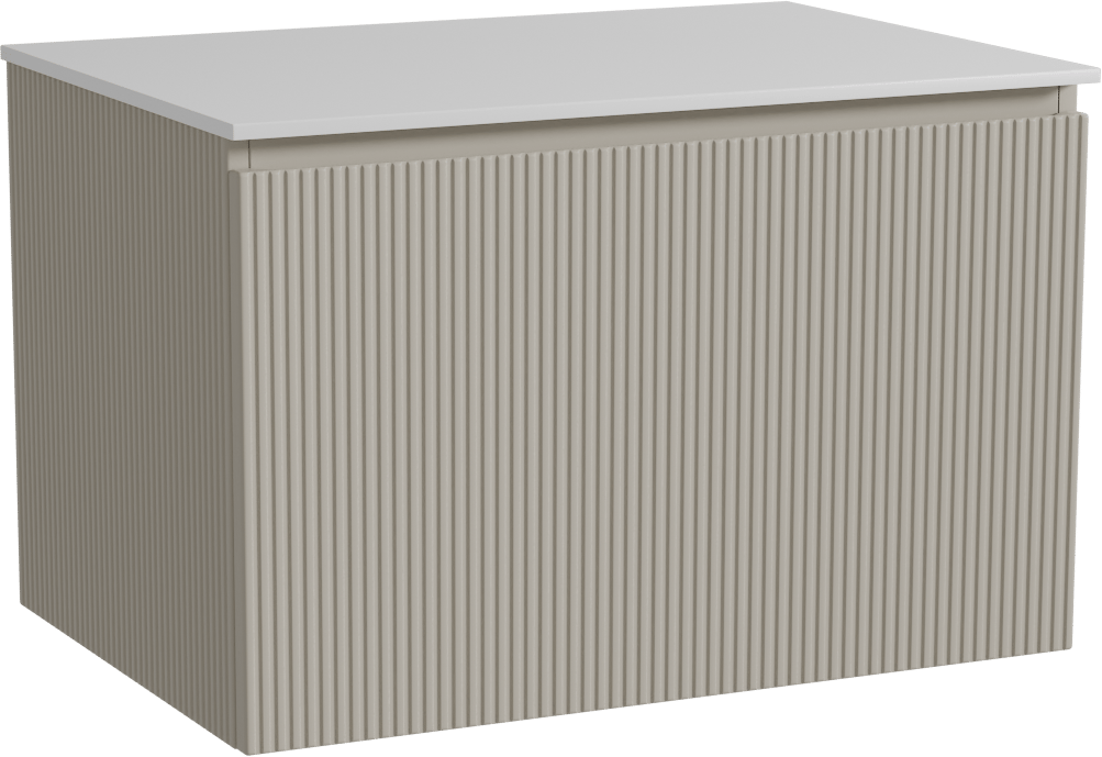 Storke Ribs zwevend badmeubel 75 x 52 cm zijdegrijs met Tavola enkel wastafelblad in solid surface mat wit, Verticale symmetrische rechte ribbel