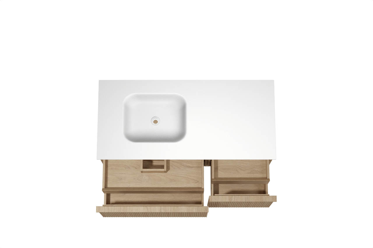 Balmani Forma hängendes Möbelstück Set: 120 x 55 cm, Naturbelassene Eiche, mit Tablo Arcato Waschtisch links, Solid Surface, Weiß matt, Vertikale symmetrische gerade Rippe