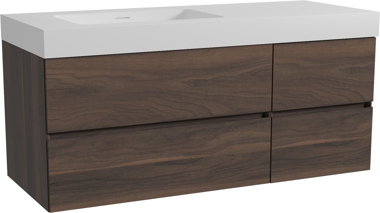 Storke Edge hängendes Möbelstück Set: 130 x 52 cm, Nussbaum, mit Mata High Waschtisch links, Solid Surface Weiß matt