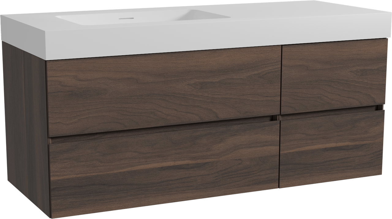 Storke Edge hängendes Möbelstück Set: 130 x 52 cm, Nussbaum, mit Mata High Waschtisch links, Solid Surface Weiß matt