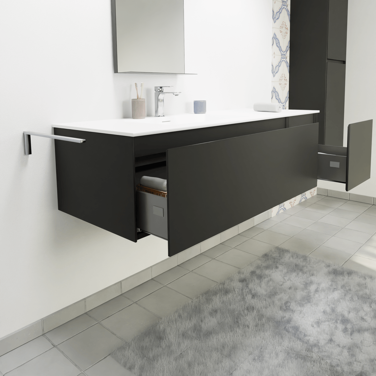 Storke Edge zwevend badmeubel 140 x 52 cm mat zwart met Mata asymmetrisch linkse wastafel in solid surface mat wit