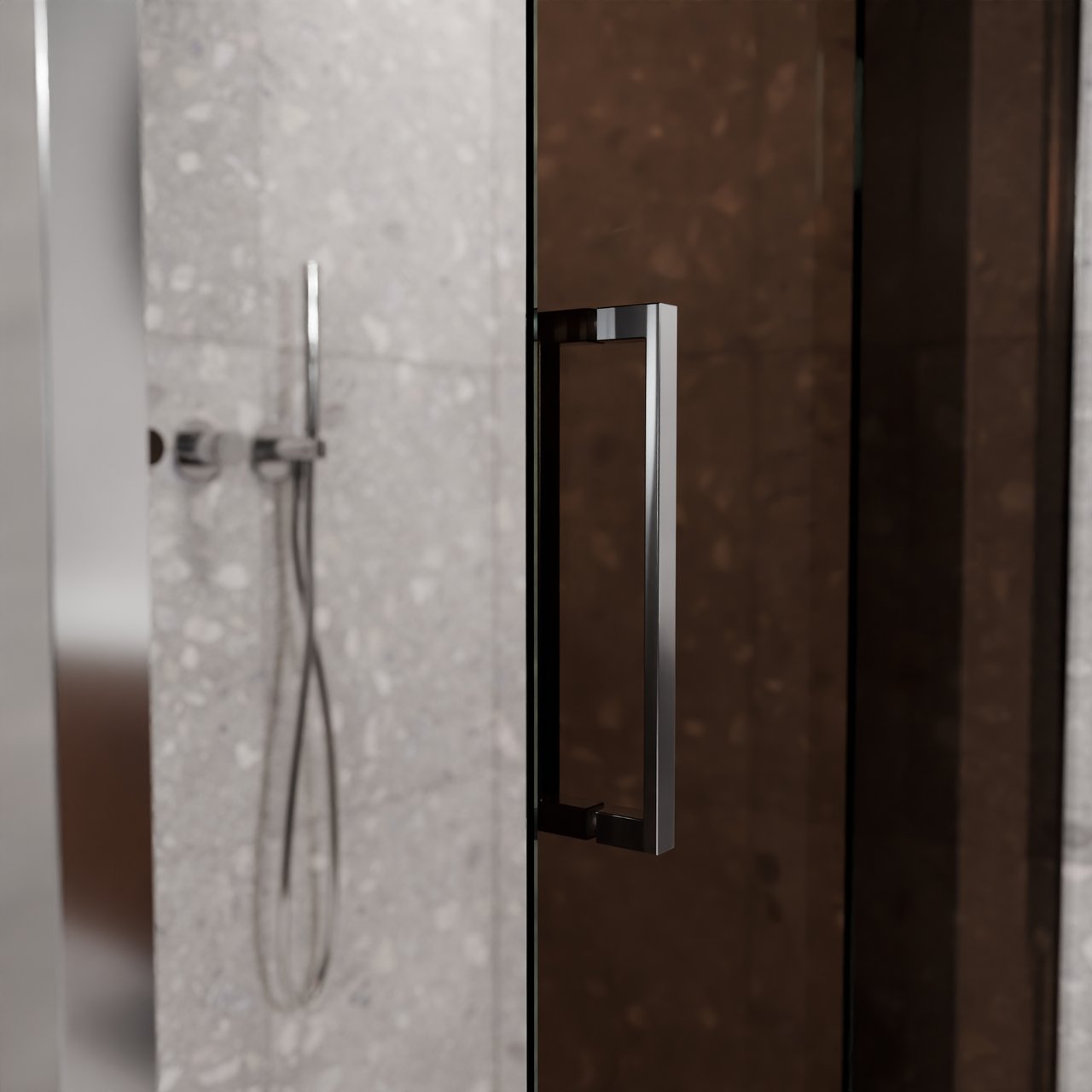 Balmani Senses Design douche d'angle avec porte coulissante à droite et paroi latérale fixe, 120 x 80 cm, Bronze, Profil Chrome brillant