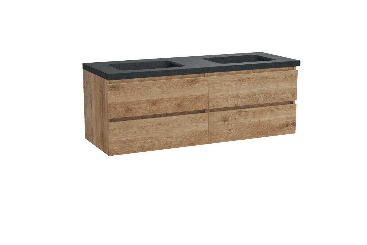 Balmani Lucida hängendes Möbelstück Set: 150 x 55 cm, Rohe Eiche, mit Napoli Doppelwaschtisch, Schwarzes Granit