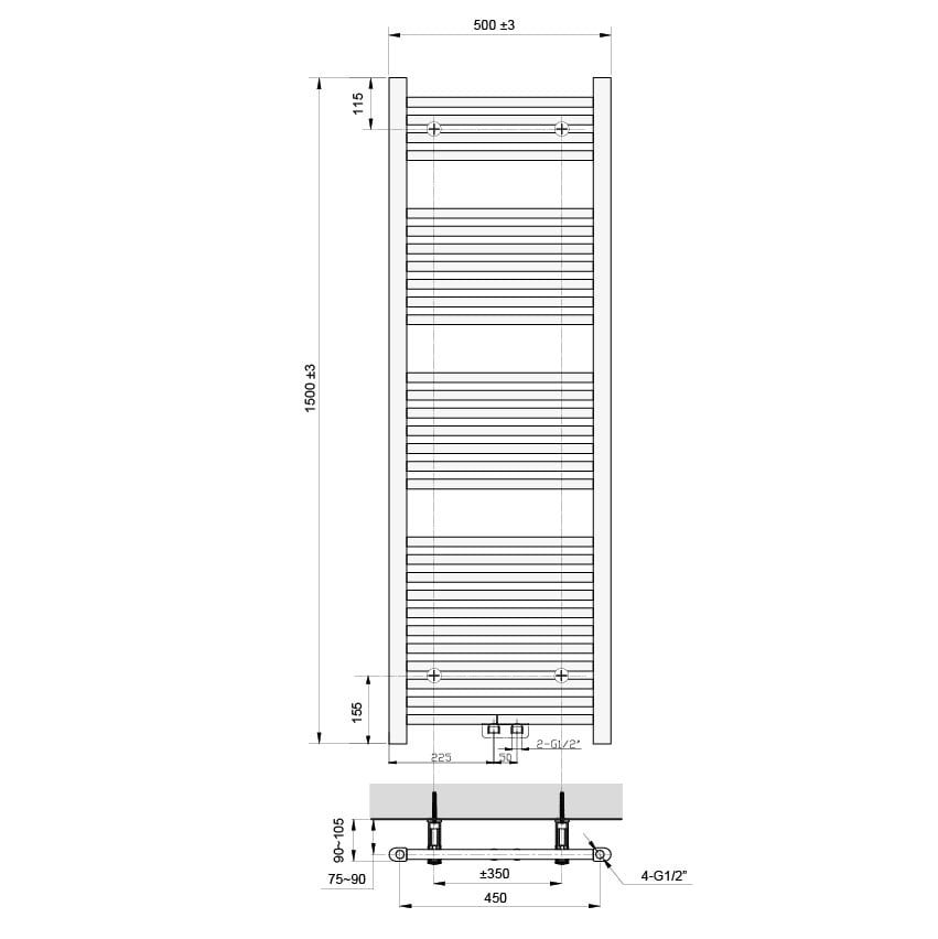 Vipera Kanza enkele handdoekradiator 50 x 150 cm elektrische verwarming mat wit zij- en middenaansluiting 679W, weerstand inbegrepen