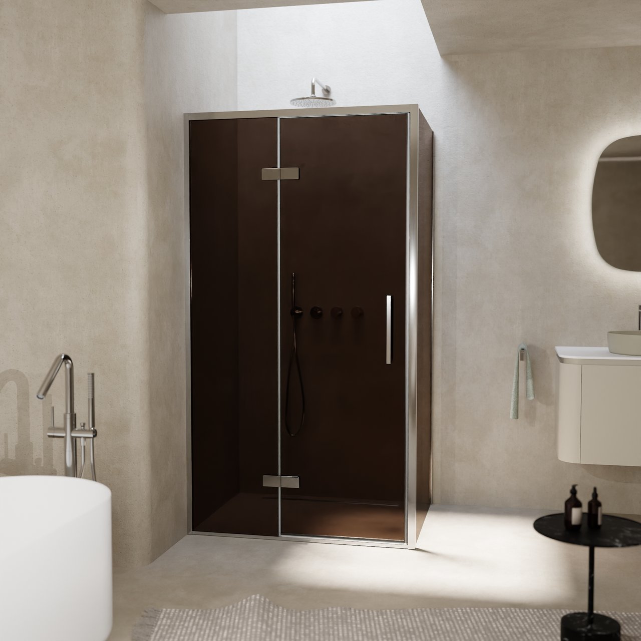 Balmani Senses Design douche d'angle avec porte pivotante à gauche et paroi latérale fixe, 100 x 80 cm, Bronze, Profil chrome