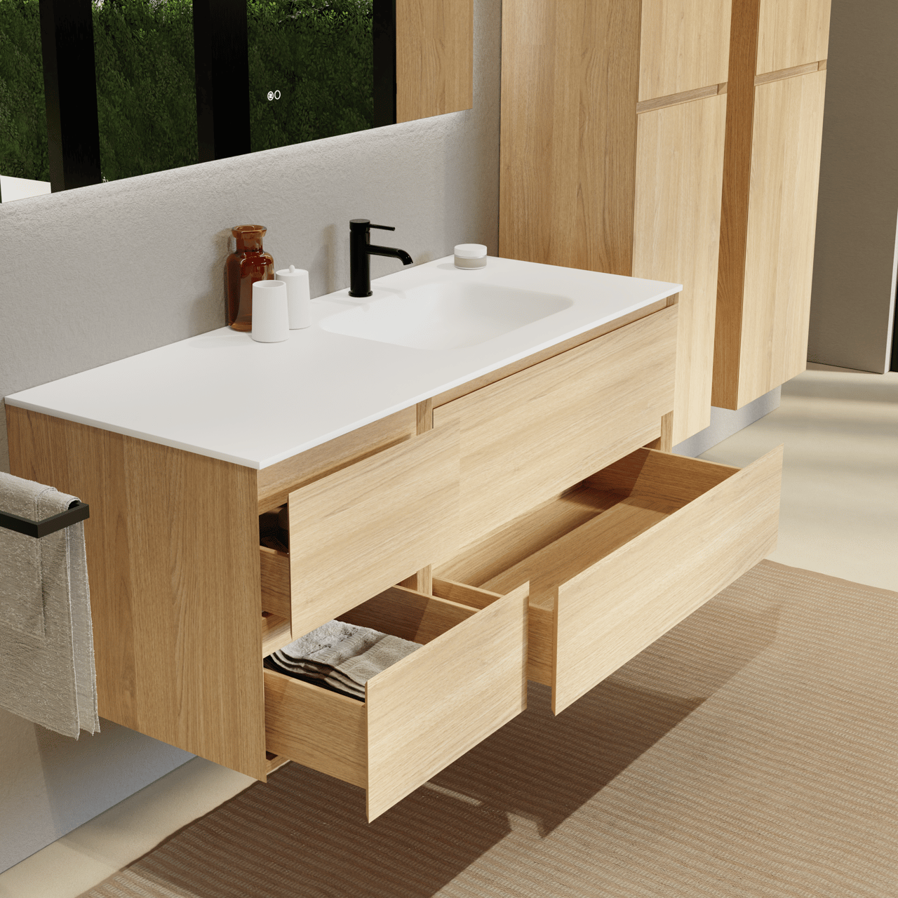 Balmani Mitra hängendes Möbelstück Set: 135 x 55 cm, Naturbelassene Eiche, mit Tablo Arcato Waschtisch rechts, Solid Surface Weiß matt