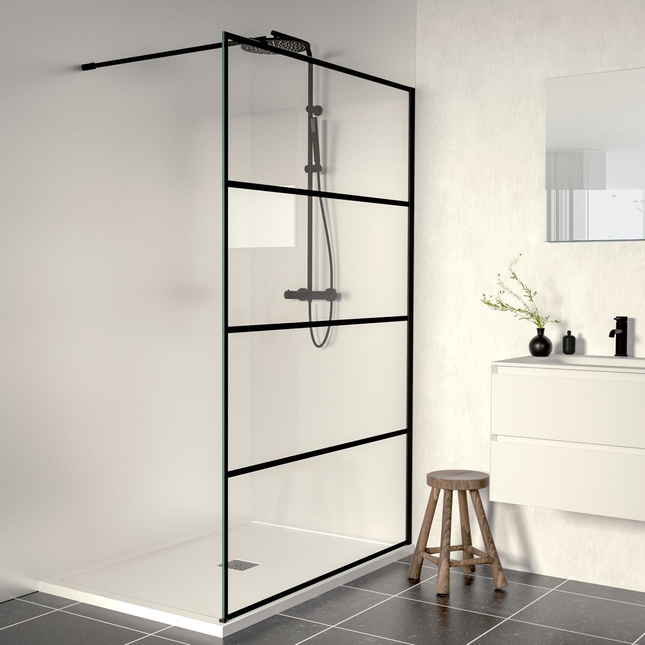 Linie Walk-In Walk-In Dusche: 120 x 200 cm, Stripes Glas, Schwarzes Profil, matt