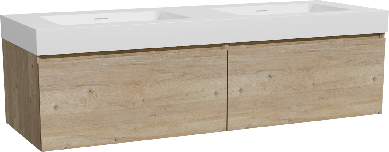 Storke Edge hängendes Möbelstück Set: 150 x 52 cm, Rohe Eiche, mit Mata High Doppelwaschtisch, Solid Surface Weiß matt