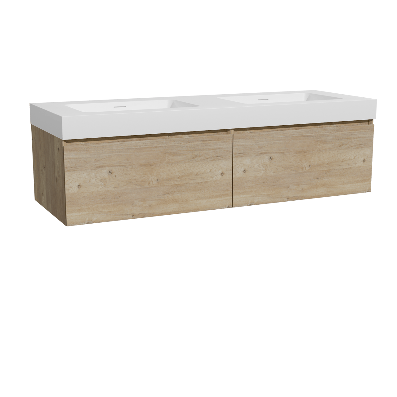 Storke Edge hängendes Möbelstück Set: 150 x 52 cm, Rohe Eiche, mit Mata High Doppelwaschtisch, Solid Surface Weiß matt