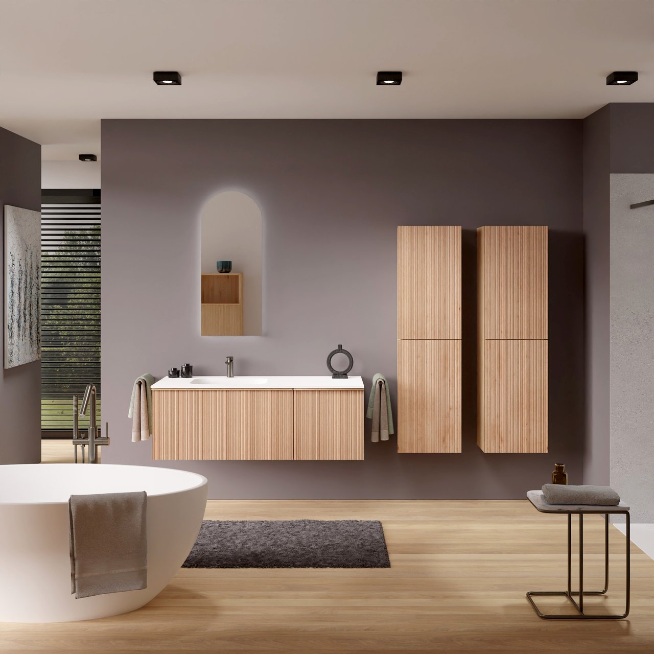 Balmani Forma hängendes Möbelstück Set: 135 x 55 cm, Naturbelassene Eiche, mit Tablo Arcato Waschtisch links, Solid Surface, Weiß matt, Vertikale asymmetrische Runde Rippe