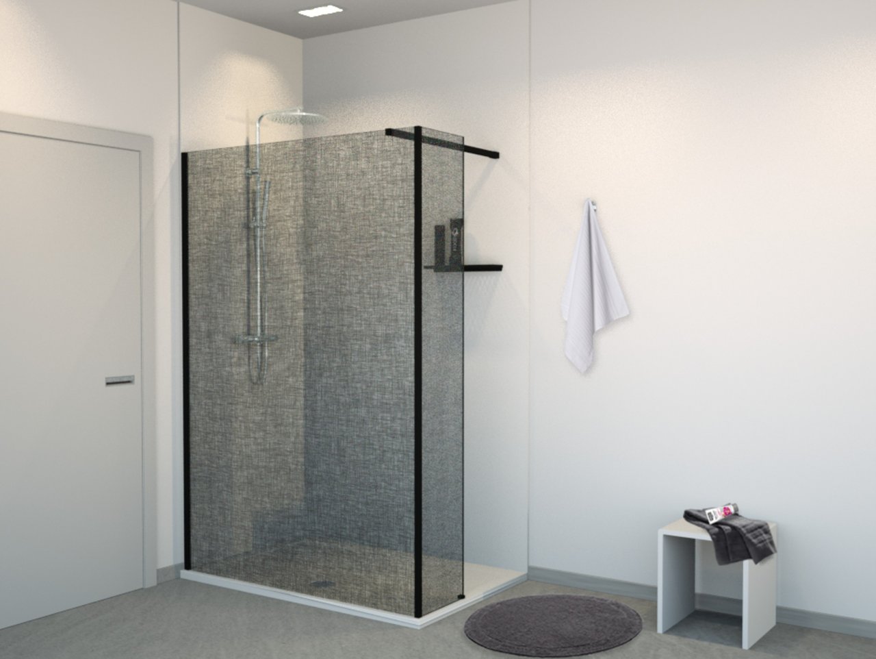 Balmani BMSS Walk-In-Dusche mit fester Seitenwand 140 x 200 cm, Leinen schwarz Glas , Profil schwarz matt