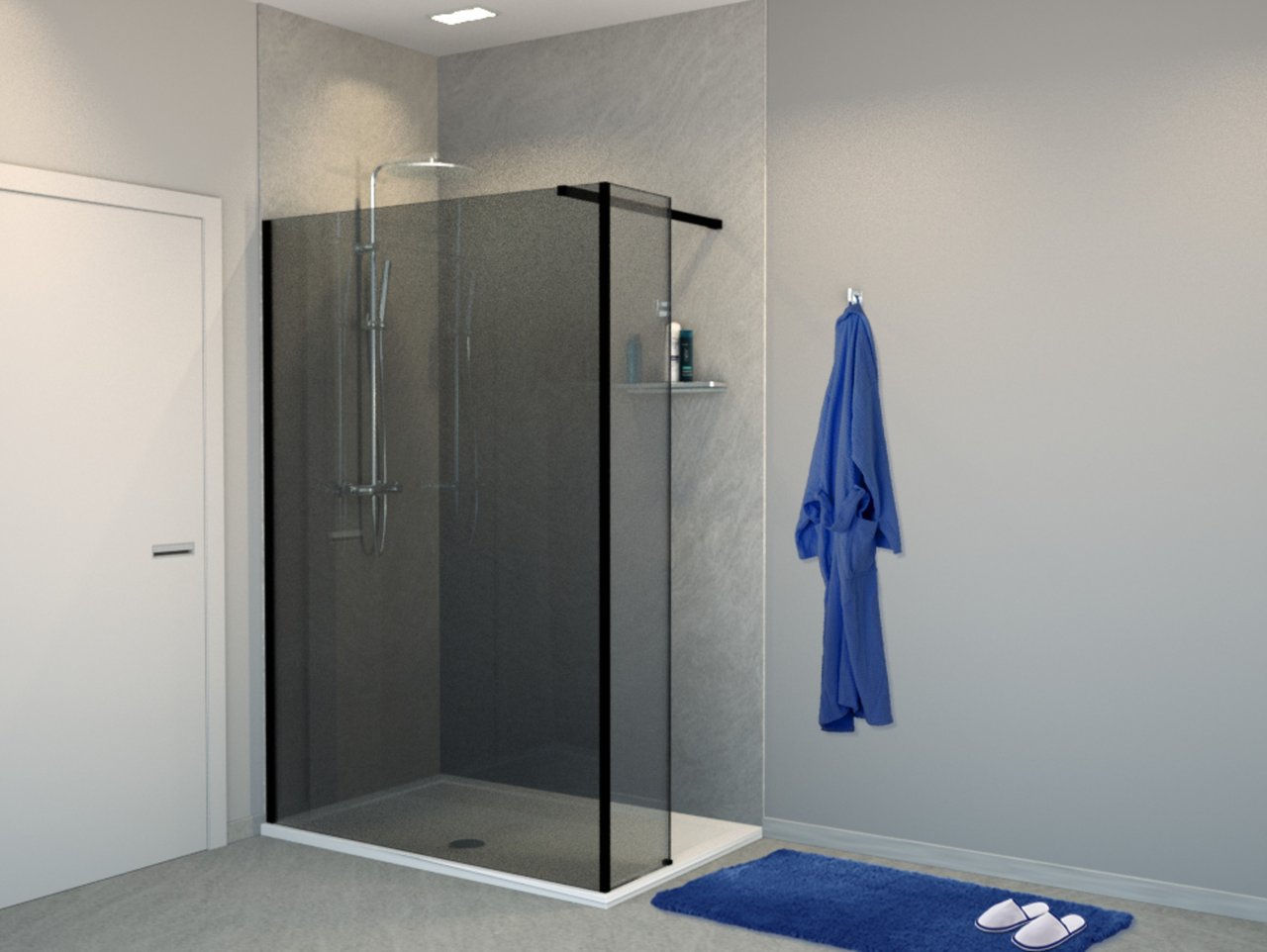 Balmani Modular Walk-In-Dusche mit fester Seitenwand 140 x 200 cm, Rauchglas , Profil schwarz matt