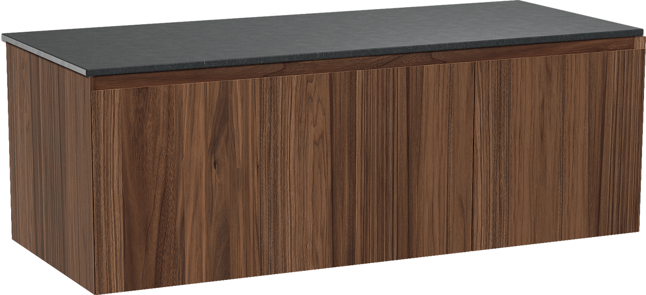 Balmani Idra zwevend badmeubel 135 x 55 cm notenhout met Stretto enkel of dubbel wastafelblad in zwart graniet