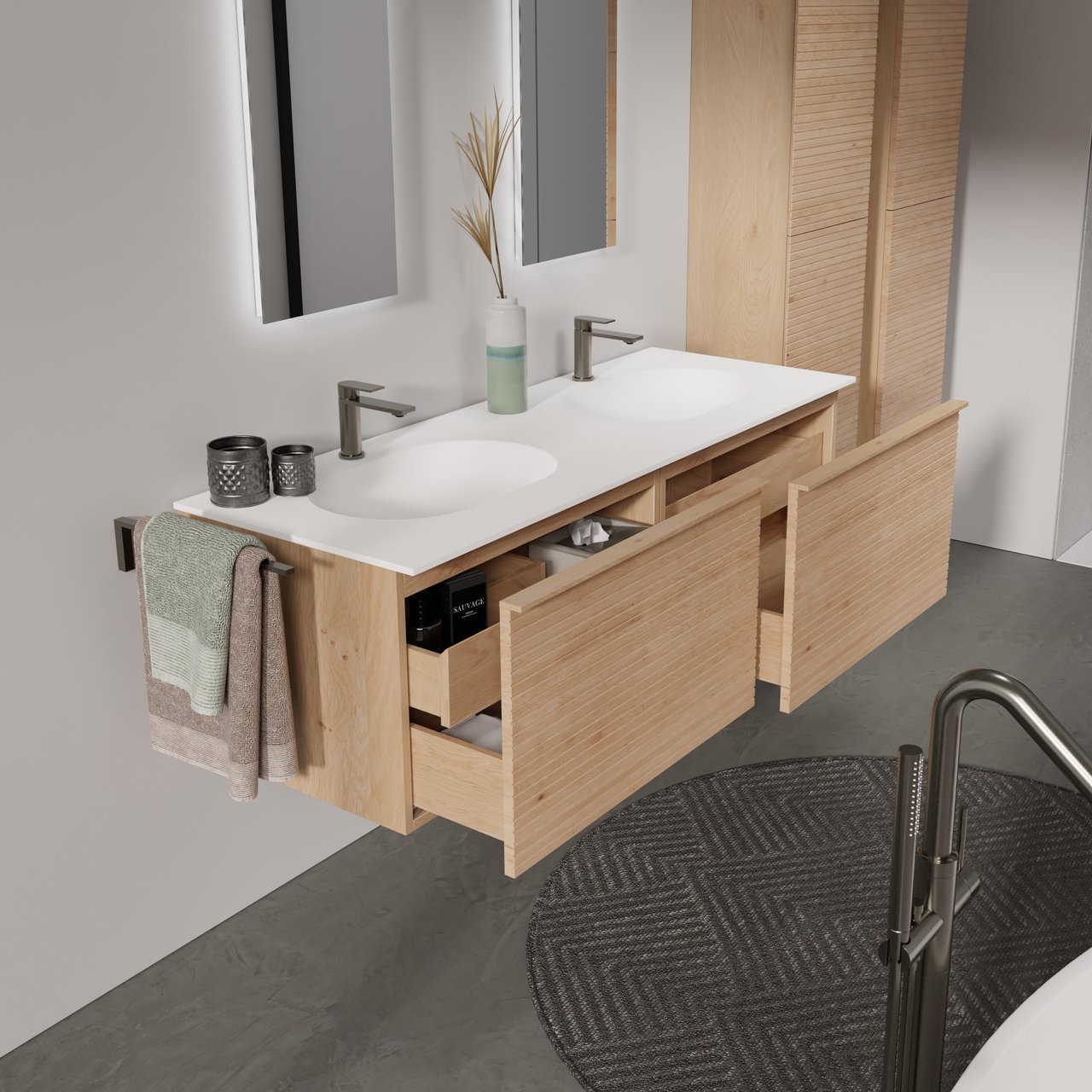 Balmani Forma zwevend badkamermeubel 150 x 55 cm natuur eik met Tablo Oval dubbele wastafel in solid surface mat wit, Horizontale symmetrische rechte ribbel