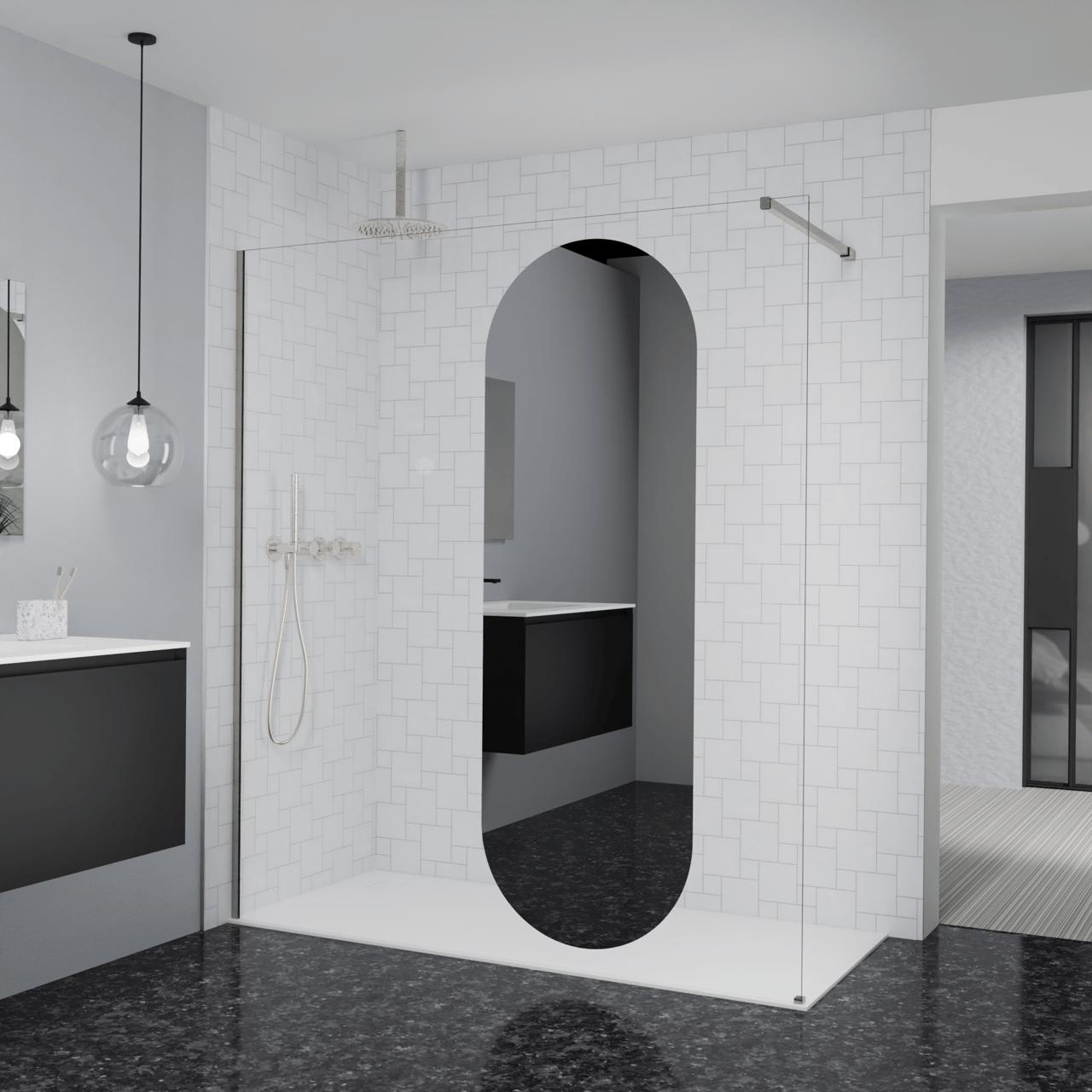 Balmani Modular inloopdouche: 180 x 200 cm, Reflex ovaal spiegelglas, Brushed CoolMetal profielen