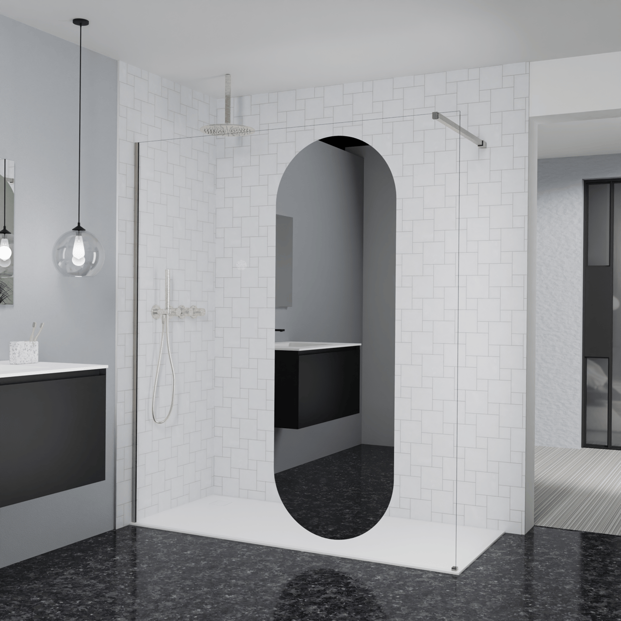 Balmani Modular inloopdouche: 180 x 200 cm, Reflex ovaal spiegelglas, Brushed CoolMetal profielen