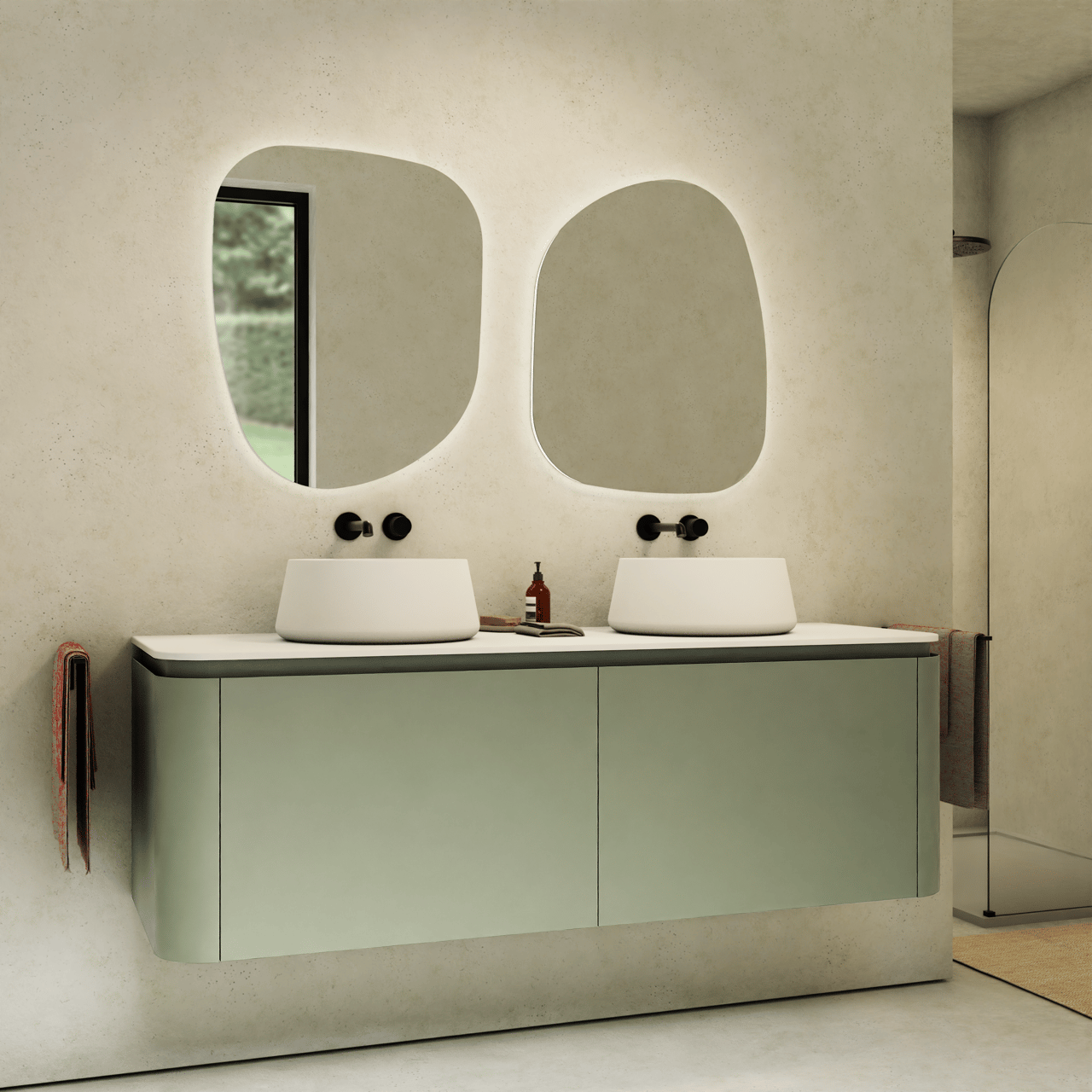 Balmani Moon hängender Waschbeckenunterschrank: 160 x 55 cm, Salbei Grün, 4 Schubladen