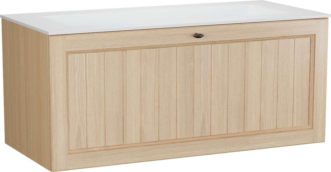 Balmani Lemon zwevend badkamermeubel 120 x 55 cm, fineer natuur eik met Tablo Stretto enkele wastafel voor 2 kraangaten in mat wit