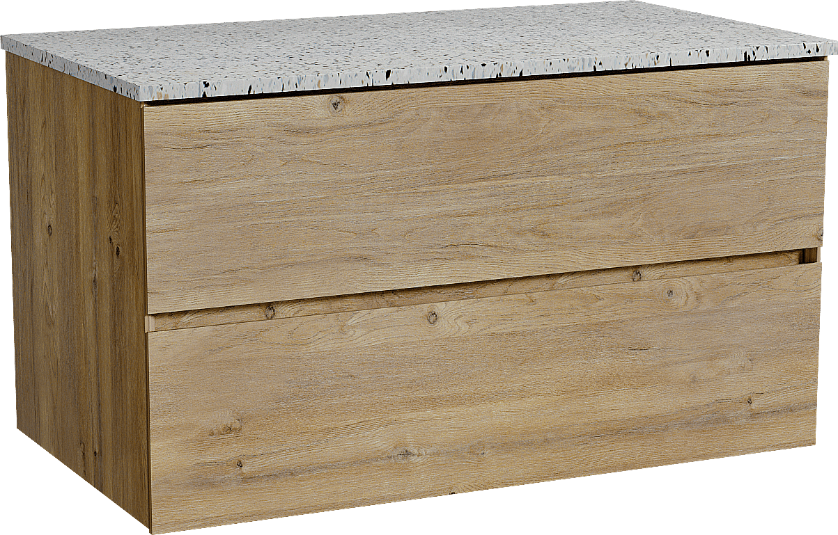 Storke Edge zwevend badmeubel 95 x 52 cm ruw eiken met Tavola enkel wastafelblad in mat wit/zwart terrazzo