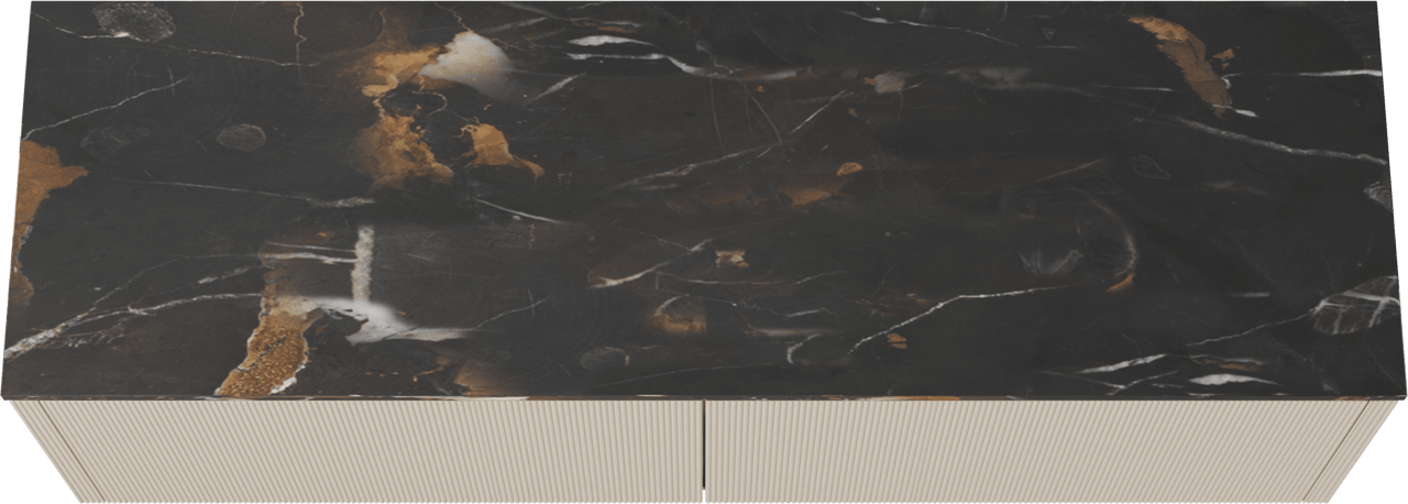 Balmani Eclips zwevend badkamermeubel 180 x 55 cm Sandbeige met Stretto enkel of dubbel tablet in Portoro Gold marmer, Verticale symmetrische rechte ribbel