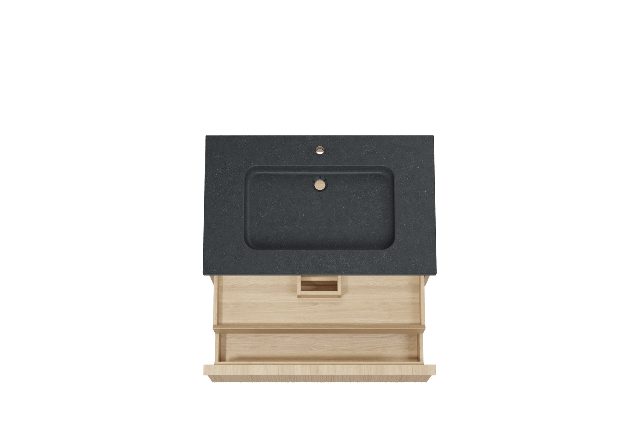 Balmani Forma zwevend badmeubel 90 x 55 cm naturel eiken met Napoli enkele wastafel in zwart graniet, Verticale asymmetrische ronde ribbel