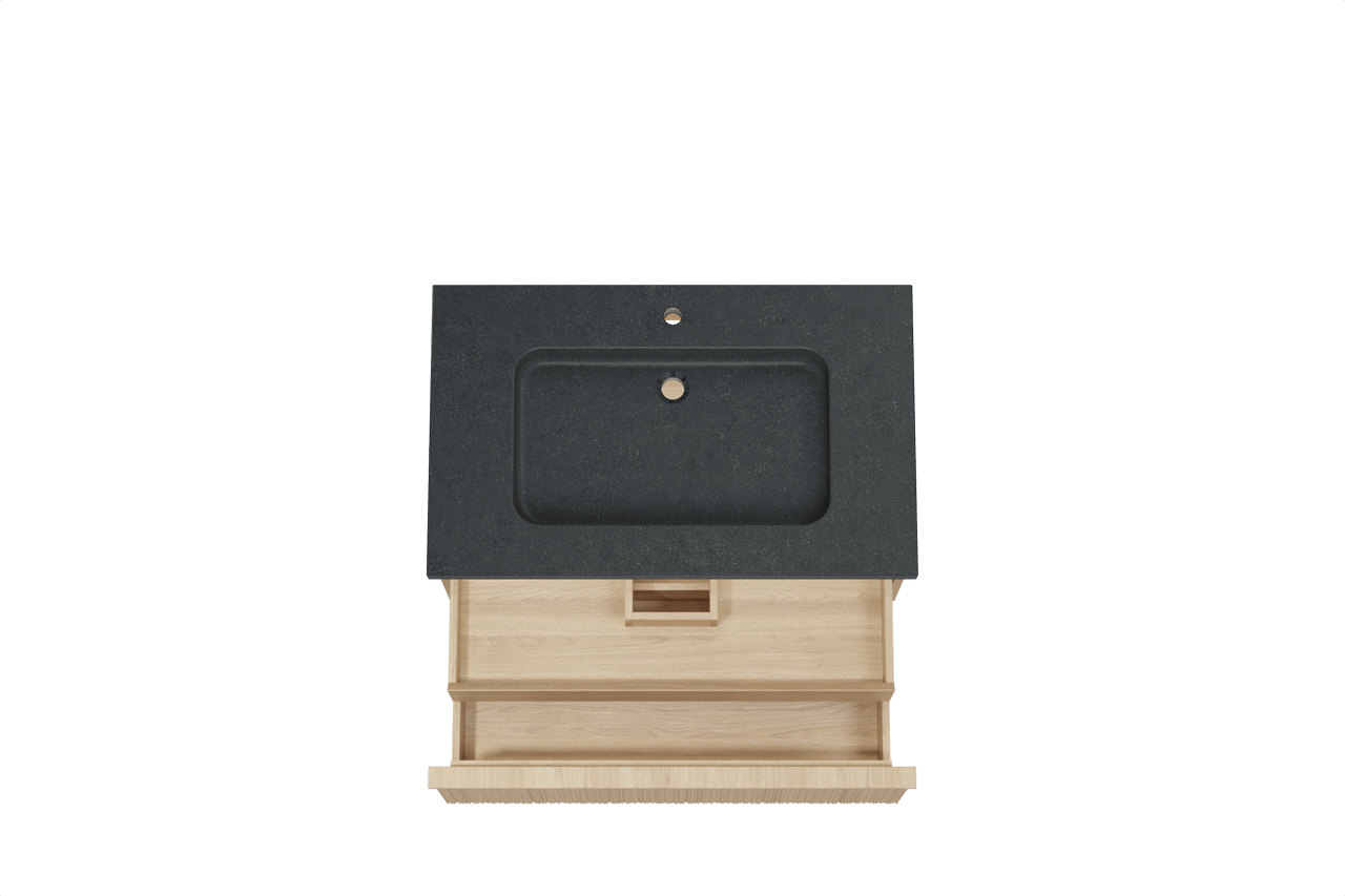Balmani Forma zwevend badkamermeubel 90 x 55 cm natuur eik met Napoli enkele wastafel in graniet zwart, Verticale asymmetrische ronde ribbel