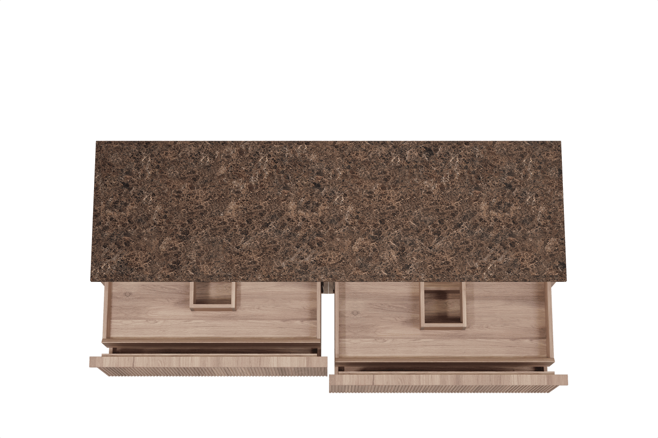 Balmani Forma hängendes Möbelstück Set: 180 x 55 cm, Teak, mit Stretto Einzel- oder Doppel Waschtischplatte, Marmor, Dark Emperador, Vertikale symmetrische gerade Rippe