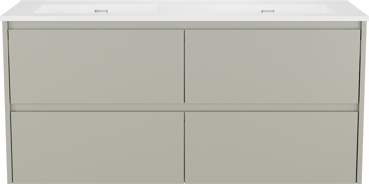 Storke Seda meuble salle de bains suspendu 130 x 52 cm soie grise avec Kera double vasque en porcelaine blanc mat, bondes incluses