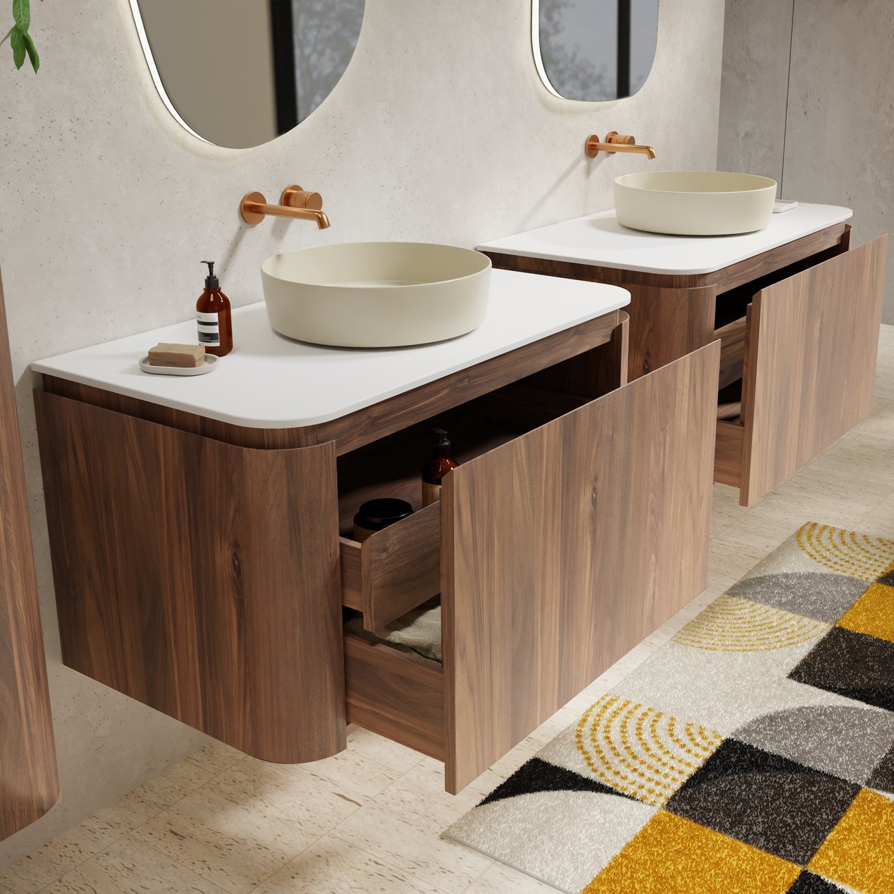 Balmani Moon meuble salle de bains suspendu 100 x 55 cm noyer américain avec Moon tablette simple en solid surface blanc mat