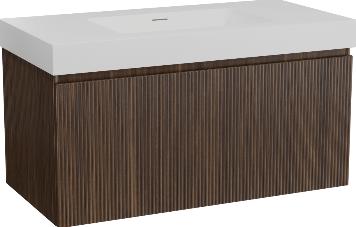 Storke Ribs zwevend badmeubel 105 x 52 cm notenhout met Mata High enkele wastafel in solid surface mat wit, Verticale symmetrische rechte ribbel