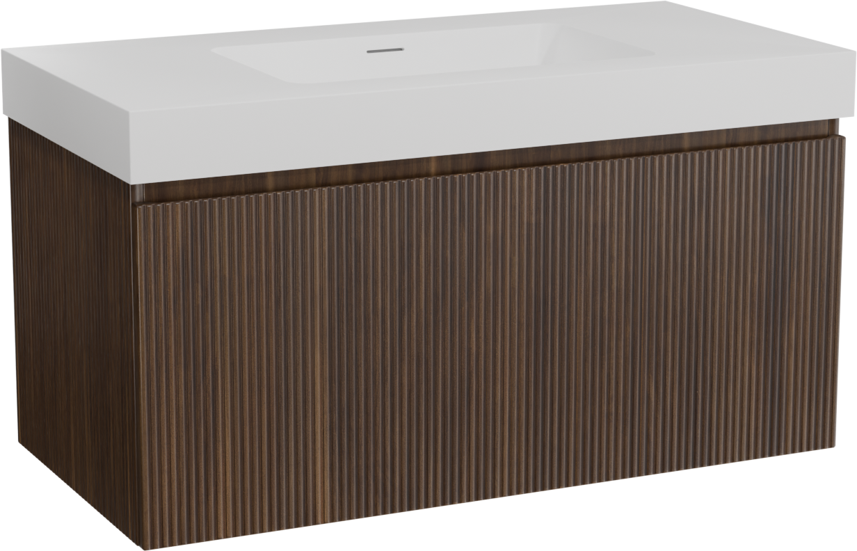 Storke Ribs hängendes Möbelstück Set: 105 x 52 cm, Nussbaum, mit Mata High Einzelwaschtisch, Solid Surface, Weiß matt, Vertikale symmetrische gerade Rippe