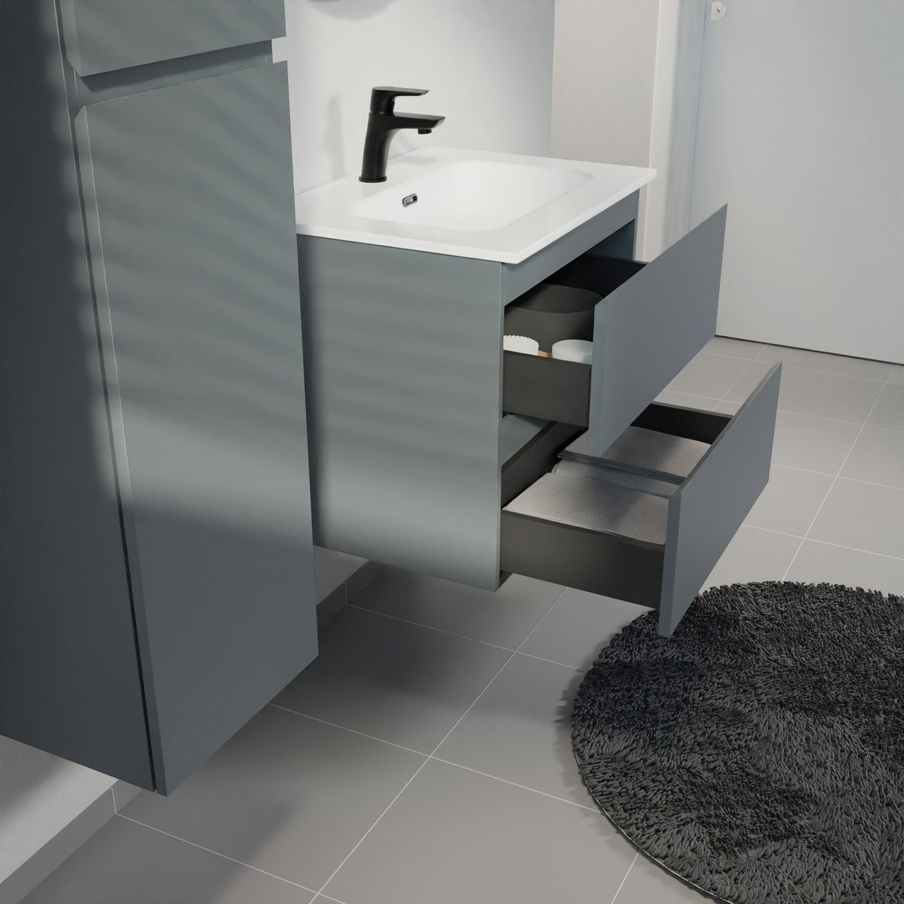 Linie Lado meuble salle de bains suspendu 60 x 46 cm bleu anthracite avec Baro plan simple en porcelaine blanc brillant