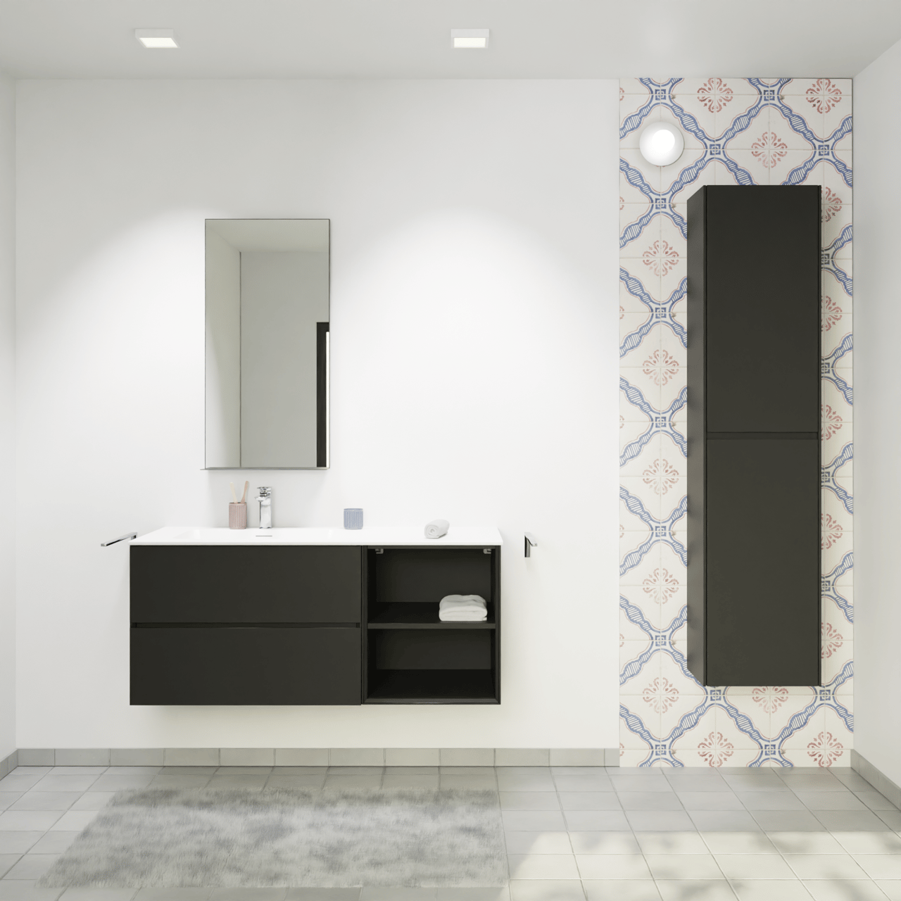 Storke Edge meuble salle de bains suspendu 120 x 52 cm noir mat avec Scuro High vasque asymétrique gauche en quartz noir mat