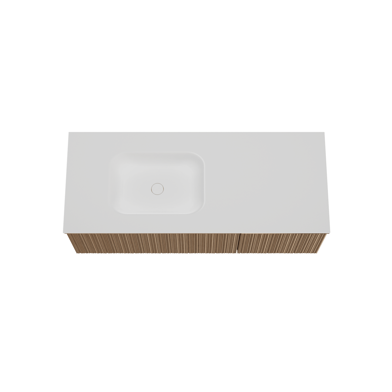 Balmani Forma hängendes Möbelstück Set: 135 x 55 cm, Naturbelassene Eiche, mit Tablo Arcato Waschtisch links, Solid Surface, Weiß matt, Vertikale asymmetrische Runde Rippe